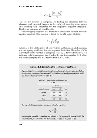 2
ˆ
X Oij Eij
 2
Eij
That is, the measure is computed by finding the difference between
observed and expected frequencies for each cell, squaring these values
and dividing each difference by the respective expected frequency.
Finally, we sum over all possible cells.
The contingency coefficient is a measure of association between two cat-
egorical variables. This measure is based on the chi-square statistic:
C ˆ

2
N ‡ 2
s
where N is the total number of observations. Although a useful measure,
the contingency coefficient has one important limitation. The value of C is
dependent on the number of categories. That is, C derived from one 2  2
table can only be compared to a C value derived from another 2  2 table;
we cannot compare it to a C derived from a 3  3 table.
Example 6.3: Computing the contingency coefficient
A psychologist is interested in examining the relationship between success or failure
on a job and Emotional Competency (EC).One hundred employees are given an EC
test. The results are presented inTable 6.7.
TABLE 6.7 Data for job performance and
EC test
EC test
Job performance pass fail Total
success 15 35 50
failure 25 25 50
Total 40 60 100
The expected frequencies are computed using the equation
Eij ˆ
RiCj
N
For example, for cell (1,1) the observed value is15.The row total Ri for row1is 50.The
column total Cj for column1is 40. Therefore E11 ˆ 50  40†=100 ˆ 20.
B A L N AV E S A N D C A P U T I
174
 