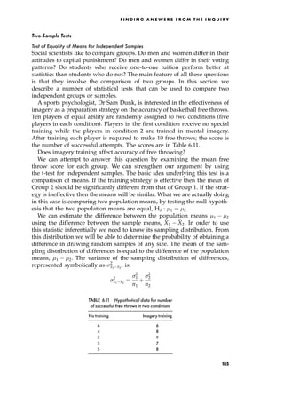 Two-Sample Tests
Test of Equality of Means for Independent Samples
Social scientists like to compare groups. Do men and women differ in their
attitudes to capital punishment? Do men and women differ in their voting
patterns? Do students who receive one-to-one tuition perform better at
statistics than students who do not? The main feature of all these questions
is that they involve the comparison of two groups. In this section we
describe a number of statistical tests that can be used to compare two
independent groups or samples.
A sports psychologist, Dr Sam Dunk, is interested in the effectiveness of
imagery as a preparation strategy on the accuracy of basketball free throws.
Ten players of equal ability are randomly assigned to two conditions (five
players in each condition). Players in the first condition receive no special
training while the players in condition 2 are trained in mental imagery.
After training each player is required to make 10 free throws; the score is
the number of successful attempts. The scores are in Table 6.11.
Does imagery training affect accuracy of free throwing?
We can attempt to answer this question by examining the mean free
throw score for each group. We can strengthen our argument by using
the t-test for independent samples. The basic idea underlying this test is a
comparison of means. If the training strategy is effective then the mean of
Group 2 should be significantly different from that of Group 1. If the strat-
egy is ineffective then the means will be similar. What we are actually doing
in this case is comparing two population means, by testing the null hypoth-
esis that the two population means are equal, H0 : 1 ˆ 2.
We can estimate the difference between the population means 1 2
using the difference between the sample means, 
X1

X2. In order to use
this statistic inferentially we need to know its sampling distribution. From
this distribution we will be able to determine the probability of obtaining a
difference in drawing random samples of any size. The mean of the sam-
pling distribution of differences is equal to the difference of the population
means, 1 2. The variance of the sampling distribution of differences,
represented symbolically as 2

x1 
x2
, is:
2

x1 
x2
ˆ
2
1
n1
‡
2
2
n2
F I N D I N G A N S W E R S F R O M T H E I N Q U I R Y
TABLE 6.11 Hypothetical data for number
of successful free throws in two conditions
No training Imagery training
6 6
4 8
5 9
5 7
5 8
185
 
