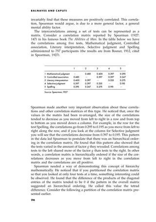 invariably find that these measures are positively correlated. This correla-
tion, Spearman would argue, is due to a more general factor, a general
mental ability factor.
The intercorrelations among a set of tests can be represented as a
matrix. Consider a correlation matrix reported by Spearman (1927:
147) in his famous book The Abilities of Man. In the table below we have
the correlations among five tests, Mathematical judgment, Controlled
association, Literary interpretation, Selective judgment and Spelling
administered to 757 participants (the results are from Bosner, 1912, cited
in Spearman, 1927).
1 2 3 4 5
1 Mathematical judgment 7 0.485 0.400 0.397 0.295
2 Controlled association 0.485 7 0.397 0.397 0.247
3 Literary interpretation 0.400 0.397 7 0.335 0.275
4 Selective judgment 0.397 0.397 0.335 7 0.195
5 Spelling 0.295 0.247 0.275 0.195 7
Source: Spearman,1927
Spearman made another very important observation about these correla-
tions and other correlation matrices of this type. He noticed that, once the
values in the matrix had been re-arranged, the size of the correlations
tended to decrease as you moved from left to right in a row and from top
to bottom as you moved down a column. For example, in the row for the
test Spelling, the correlations go from 0.295 to 0.195 as you move from left to
right along the row, and if you look at the column for Selective judgment
you will see that the correlations decrease from 0.397 to 0.195. This pattern
in the data led Spearman to postulate that there was an hierarchical order-
ing in the correlation matrix. He found that this pattern also showed that
the tests varied in the amount of factor g they revealed. Correlations among
tests to the left shared more of the factor g than tests to the right. In other
words, a correlation matrix is hierarchically ordered if the size of the cor-
relations decreases as you move from left to right in the correlation
matrix and the correlations are all positive.
Spearman needed a way of demonstrating this concept of hierarchy
mathematically. He noticed that if you partitioned the correlation matrix
so that you looked at only four tests at a time, something interesting could
be observed. He found that the difference of the products of the diagonal
entries of the matrix tended to be 0 if the pattern in the overall matrix
suggested an hierarchical ordering. He called this value the tetrad
difference. Consider the following a partition of the correlation matrix pre-
sented earlier.
B A L N AV E S A N D C A P U T I
216
 
