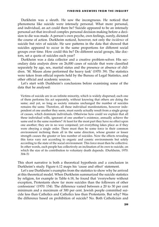 Durkheim was a sleuth. He saw the incongruous. He noticed that
phenomena like suicide were intensely personal. What more personal,
and individual, an act could there be? Suicide appeared to be an intensely
personal act that involved complex personal decision-making before a deci-
sion to die was made. A person's own psyche, own feelings, surely, dictated
the course of action. Durkheim noticed, however, not only the incidence of
suicide but rates of suicide. He saw patterns in the data that showed that
suicides appeared to occur in the same proportions for different social
groups over time. How could this be? Do different social groups, like doc-
tors, set a quota of suicides each year?
Durkheim was a data collector and a creative problem-solver. His sec-
ondary data analysis drew on 26,000 cases of suicide that were classified
separately by age, sex, marital status and the presence or absence of chil-
dren. `M. Mauss alone performed the heavy task' (1970: 39). The statistics
were taken from official reports held by the Bureau of Legal Statistics, and
other official and academic sources.
Let's start with Durkheim's conclusions before examining some of the
data that he analysed:
Victims of suicide are in an infinite minority, which is widely dispersed; each one
of them performs his act separately, without knowing that others are doing the
same; and yet, so long as society remains unchanged the number of suicides
remains the same. Therefore, all these individual manifestations, however inde-
pendent of one another they seem, must surely actually result from a single group
of causes, which dominate individuals. Otherwise how could we explain that all
these individual wills, ignorant of one another's existence, annually achieve the
same end in the same numbers? At least for the most part they have no effect upon
one another; they are in no way conjoined; yet everything takes place as if they
were obeying a single order. There must then be some force in their common
environment inclining them all in the same direction, whose greater or lesser
strength causes the greater or less number of suicides. Now the effects revealing
this force vary not according to organic and cosmic environments but solely
according to the state of the social environment. This force must then be collective.
In other words, each people has collectively an inclination of its own to suicide, on
which the size of its contribution to voluntary death depends. (Durkheim, 1970:
304±5)
This short narrative is both a theoretical hypothesis and a conclusion in
Durkheim's study. Figure 6.12 maps his `cause and effect' statement.
Let's use Durkheim's examples from the statistics to show why he arrived
at this theoretical model. When Durkheim summarized the suicide statistics
by religion, for example in Table 6.18, he found that `everywhere without
exception, Protestants show far more suicides than the followers of other
confessions' (1970: 154). The difference varied between a 20 to 30 per cent
minimum and a maximum of 300 per cent. Jewish people committed sui-
cide less than Catholics and Catholics less than Protestants. But why? Was
the difference based on prohibition of suicide? No. Both Catholicism and
F I N D I N G A N S W E R S F R O M T H E I N Q U I R Y
219
 
