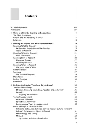 Contents
Acknowledgements xiii
Permissions xiv
1 Order at all Points: Counting and accounting 1
The Ql-Qt Continuum 1
Culture and the Reliability of `Data' 5
References 8
2 Starting the Inquiry: `But what happened then?' 10
Knowing What to Research 16
Exploration, Description and Explanation 16
Topics of Research 20
Knowing Whom to Research 21
Units of Analysis 21
Knowing How to Research 22
Literature Review 22
Secondary Analysis 25
Knowing When to Research 25
The Importance of Time 25
Research design 27
Summary 27
The Statistical Inquirer 29
Main Points 29
Review Exercises 30
References 31
3 De®ning the Inquiry: `Then how do you know?' 33
Tools of Methodology 34
Styles of Reasoning (deduction, induction and abduction) 36
Causality 40
Mapping Relationships 41
Tools of Measurement 44
What are Variables? 45
Operational Definitions 48
Contemporary Views on Measurement 50
Great Sociological Detective Stories:
Collecting Data Across Cultures: Can we measure cultural variation?
Culture's Consequences (Geert Hofstede) 51
Methodology and Theory 52
Method 53
Hypotheses and Operationalization 53
v
 