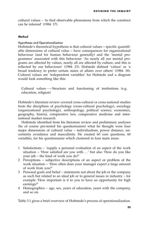 cultural values ± `to find observable phenomena from which the construct
can be inferred' (1984: 17).
Method
Hypotheses and Operationalization
Hoftstede's theoretical hypothesis is that cultural values ± specific quantifi-
able dimensions of cultural value ± have consequences for organizational
behaviour (and for human behaviour generally) and the `mental pro-
grammes' associated with this behaviour. `As nearly all our mental pro-
grams are affected by values, nearly all are affected by culture, and this is
reflected by our behaviours' (1984: 23). Hofstede defined `values' as `a
broad tendency to prefer certain states of affairs over others' (1984: 18).
Cultural values are `independent variables' for Hofstede and a diagram
would look something like this:
Cultural values ! Structure and functioning of institutions (e.g.
education, religion)
Hofstede's literature review covered cross-cultural or cross-national studies
from the disciplines of psychology (cross-cultural psychology), sociology
(organizational psychology), anthropology, political science, economics,
geography, history, comparative law, comparative medicine and inter-
national market research.
Hoftstede identified from his literature review and preliminary analyses
(he of course pre-tested his questionnaires) what he thought were four
major dimensions of cultural value ± individualism, power distance, un-
certainty avoidance and masculinity. He created 60 core questions, 60
variables, for his questionnaire which clustered in four main areas.
1 Satisfactions ± `supply a personal evaluation of an aspect of the work
situation ± `How satisfied are you with . . . ' but also `How do you like
your job ± the kind of work you do?'
2 Perceptions ± subjective descriptions of an aspect or problem of the
work situation ± `How often does your manager expect a large amount
of work from you?'
3 Personal goals and belief ± statements not about the job or the company
as such but related to an ideal job or to general issues in industry ± for
example `How important is it to you to have an opportunity for high
earnings?'
4 Demographics ± age, sex, years of education, years with the company,
and so on.
Table 3.1 gives a brief overview of Hoftstede's process of operationalization.
D E F I N I N G T H E I N Q U I R Y
53
 