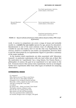 work. A survey in comparison can cover a range of issues and normally
results in a variable by case matrix (person by age, person by education).
Questionnaire is one of the most common ways of collecting data for a
variable by case data matrix, but it is not the only way. Experiments, like
surveys, result in a variable by case matrix. In experiments, however, there
is also the intervention by an experimenter. Figure 4.3 provides a summary
of the major methods.
In the modern mind experiments are often associated with `laboratory
research', in particular experiments with rats (and white rats at that). But
the motivation for `experiments' has a long history. For Francis Bacon, a
philosopher of science, the goal of an experiment is to `put nature to the
test'. Everyone knows that science does experiments, but let us investigate
further how experiments differ from other types of methods for analysing
observations.
EXPERIMENTAL DESIGN
O, vengeance!
Why, what an ass am I! This is most brave,
That I, the son of a dear father murder'd,
Prompted to my revenge by heaven and hell,
Must, like a whore, unpack my heart with words,
And fall a-cursing like a very drab,
A scullion!
Fie upon't! foh! ± About, my brain! I have heard
That guilty creatures, sitting at a play,
Have by the very cunning of the scene
Been struck so to the soul that presently
They have proclaim'd their malefactions;
For murder, though it have no tongue, will speak
ME T H O D S O F I N Q U I R Y
Case Study (questionnaire, interview,
content analysis, observation)
Research Question/ Survey (questionnaire, interview,
Hypothesis content analysis, observation)
Experiment (questionnaire, interview,
content analysis, observation)
FIGURE 4.3 Research methods and techniques of data collection (based on DeVaus,1990: 6.Used
by permission)
67
 