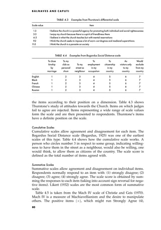 the items according to their position on a dimension. Table 4.3 shows
Thurstone's study of attitudes towards the Church. Items on which judges
fail to agree are rejected. Items representing a wide range of scale values
form the scale and are then presented to respondents. Thurstone's items
have a definite position on the scale.
Cumulative Scales
Cumulative scales allow agreement and disagreement for each item. The
Bogardus Social Distance scale (Bogardus, 1925) was one of the earliest
scales of this type. Table 4.4 shows how the cumulative scale works. A
person who circles number 3 in respect to some group, indicating willing-
ness to have them in the street as a neighbour, would also be willing, one
would think, to allow them as citizens of the country. The scale score is
defined as the total number of items agreed with.
Summative Scales
Summative scales allow agreement and disagreement on individual items.
Respondents normally respond to an item with: (1) strongly disagree; (2)
disagree; (3) agree; (4) strongly agree. The scale score is obtained by sum-
ming the responses to each item (taking into account sign reversal for nega-
tive items). Likert (1932) scales are the most common form of summative
scale.
Table 4.5 is taken from the Mach IV scale of Christie and Geis (1970).
Mach IV is a measure of Machiavellianism and the desire to manipulate
others. The positive items ‡†, which might run Strongly Agree (4),
B A L N AV E S A N D C A P U T I
TABLE 4.3 Examples fromThurstone's differential scale
Scale value Item
1.2 I believe the church is a powerful agency for promoting both individual and social righteousness
3.3 I enjoy my church because there is a spirit of friendliness there
4.5 I believe in what the church teaches but with mental reservations
9.2 I think the church seeks to impose a lot of worn-out dogmas and medieval superstitions
11.0 I think the church is a parasite on society
TABLE 4.4 Examples from Bogardus Social Distance scale
To close To my To To As Would
kinship club as To my employment citizenship visitors only exclude
by personal street as in my in my to my from my
marriage chum neighbour occupation country country country
English 1 2 3 4 5 6 7
Black 1 2 3 4 5 6 7
French 1 2 3 4 5 6 7
Chinese 1 2 3 4 5 6 7
Russian 1 2 3 4 5 6 7
80
 