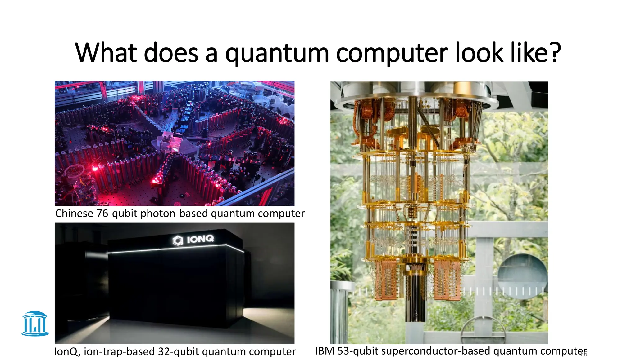 What does a quantum computer look like?
IBM 53-qubit superconductor-based quantum computer
Chinese 76-qubit photon-based quantum computer
IonQ, ion-trap-based 32-qubit quantum computer 16
 