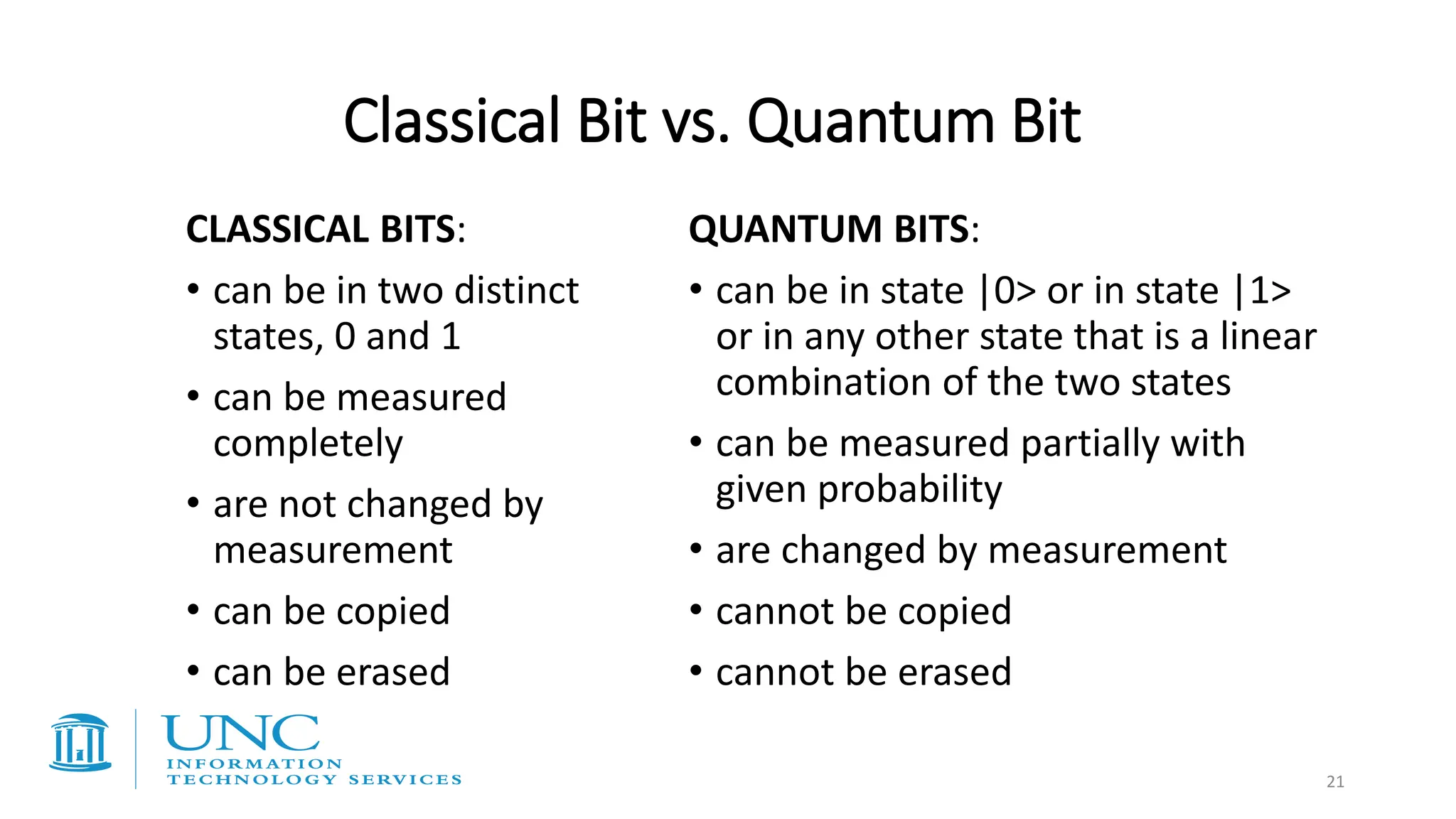 Classical Bit vs. Quantum Bit
CLASSICAL BITS:
• can be in two distinct
states, 0 and 1
• can be measured
completely
• are not changed by
measurement
• can be copied
• can be erased
QUANTUM BITS:
• can be in state |0> or in state |1>
or in any other state that is a linear
combination of the two states
• can be measured partially with
given probability
• are changed by measurement
• cannot be copied
• cannot be erased
21
 