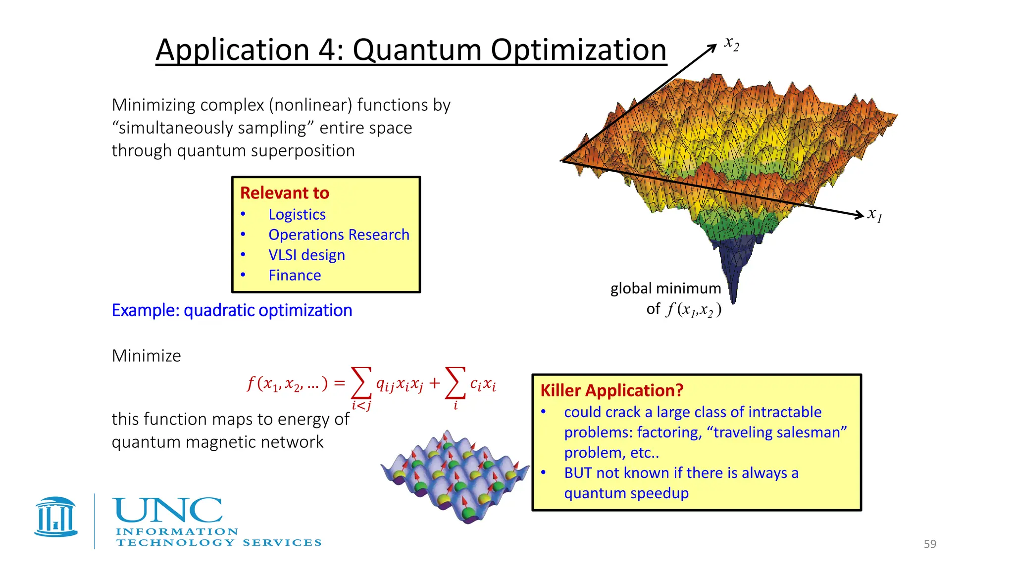 Minimizing complex (nonlinear) functions by
“simultaneously sampling” entire space
through quantum superposition
Example: quadratic optimization
Minimize
this function maps to energy of
quantum magnetic network
Killer Application?
• could crack a large class of intractable
problems: factoring, “traveling salesman”
problem, etc..
• BUT not known if there is always a
quantum speedup
Application 4: Quantum Optimization
𝑓(𝑥1, 𝑥2, … ) = ෍
𝑖<𝑗
𝑞𝑖𝑗𝑥𝑖𝑥𝑗 + ෍
𝑖
𝑐𝑖𝑥𝑖
Relevant to
• Logistics
• Operations Research
• VLSI design
• Finance
global minimum
of f (x1,x2 )
x1
x2
59
 