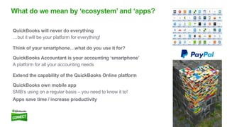12
QuickBooks will never do everything
…but it will be your platform for everything!
Think of your smartphone…what do you use it for?
QuickBooks Accountant is your accounting ‘smartphone’
A platform for all your accounting needs
Extend the capability of the QuickBooks Online platform
QuickBooks own mobile app
SMB’s using on a regular basis – you need to know it to!
Apps save time / increase productivity
What do we mean by ‘ecosystem’ and ‘apps?
 