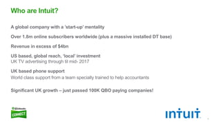 5
A global company with a ’start-up’ mentality
Over 1.8m online subscribers worldwide (plus a massive installed DT base)
Revenue in excess of $4bn
US based, global reach, ‘local’ investment
UK TV advertising through til mid- 2017
UK based phone support
World class support from a team specially trained to help accountants
Significant UK growth – just passed 100K QBO paying companies!
Who are Intuit?
 
