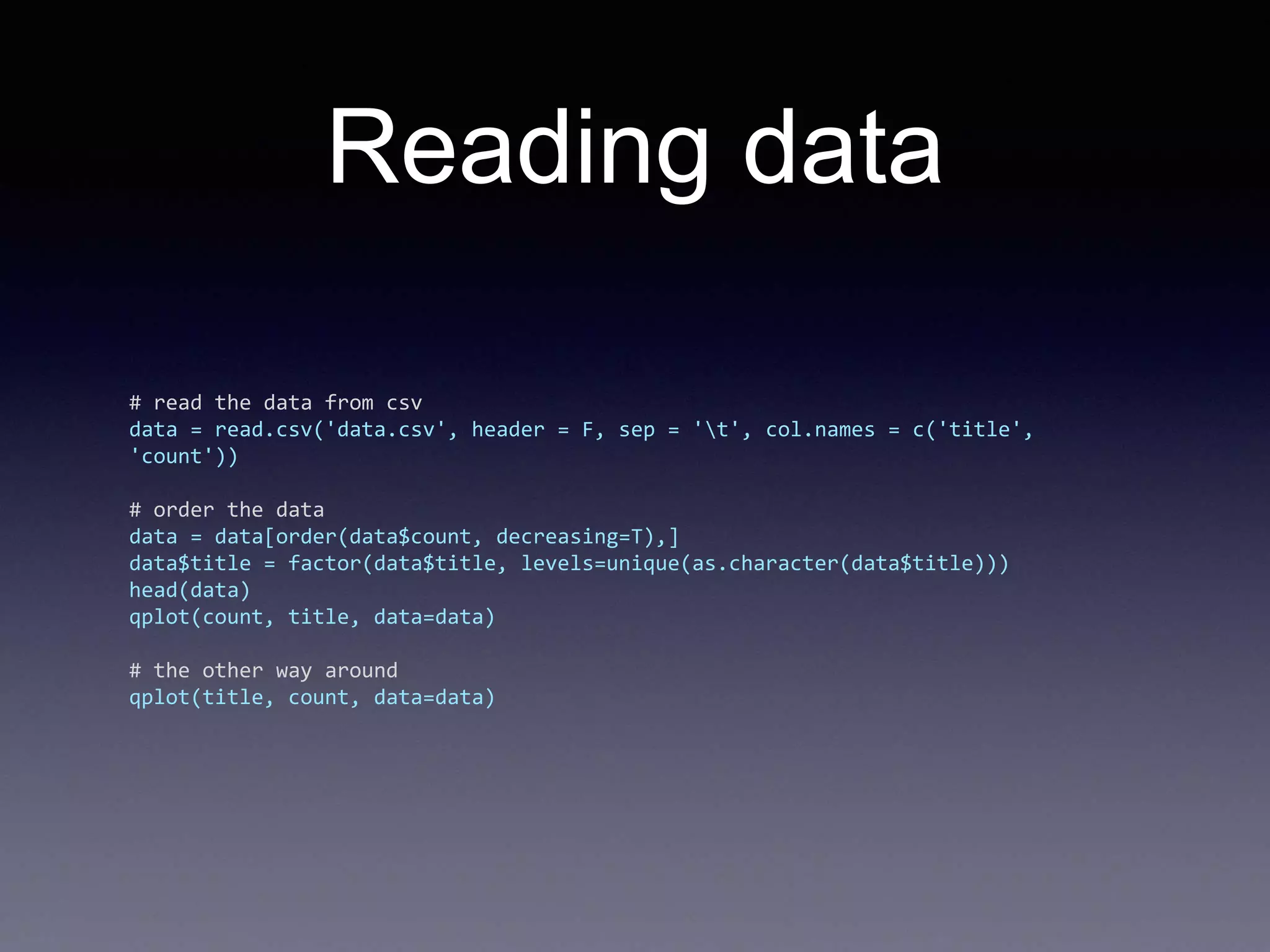 Reading data
# read the data from csv
data = read.csv('data.csv', header = F, sep = 't', col.names = c('title',
'count'))
# order the data
data = data[order(data$count, decreasing=T),]
data$title = factor(data$title, levels=unique(as.character(data$title)))
head(data)
qplot(count, title, data=data)
# the other way around
qplot(title, count, data=data)
 