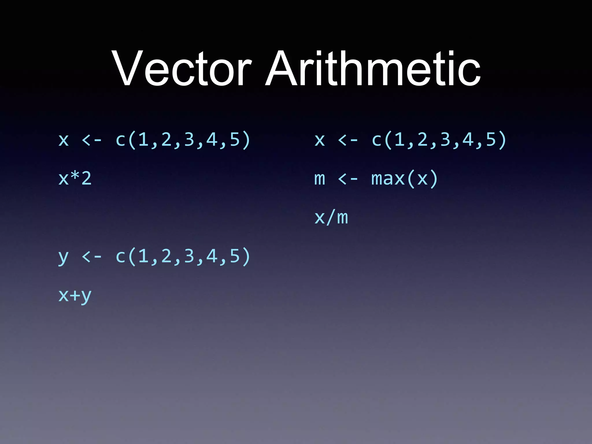 Vector Arithmetic
x <- c(1,2,3,4,5)
x*2
y <- c(1,2,3,4,5)
x+y
x <- c(1,2,3,4,5)
m <- max(x)
x/m
 