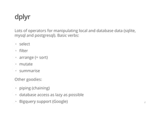 dplyr
Lots of operators for manipulating local and database data (sqlite,
mysql and postgresql). Basic verbs:
Other goodies:
select
filter
arrange (= sort)
mutate
summarise
·
·
·
·
·
piping (chaining)
database access as lazy as possible
Bigquery support (Google)
·
·
· /
 