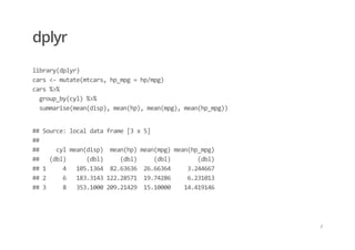dplyr
library(dplyr) 
cars <‐ mutate(mtcars, hp_mpg = hp/mpg) 
cars %>%  
  group_by(cyl) %>% 
  summarise(mean(disp), mean(hp), mean(mpg), mean(hp_mpg))
## Source: local data frame [3 x 5] 
##  
##     cyl mean(disp)  mean(hp) mean(mpg) mean(hp_mpg) 
##   (dbl)      (dbl)     (dbl)     (dbl)        (dbl) 
## 1     4   105.1364  82.63636  26.66364     3.244667 
## 2     6   183.3143 122.28571  19.74286     6.231013 
## 3     8   353.1000 209.21429  15.10000    14.419146
/
 