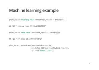 Machine learning example
print(paste("training rmse",rmse(train_results ‐ train$hp)))
## [1] "training rmse 22.1904078087206"
print(paste("test rmse",rmse(test_results ‐ test$hp)))
## [1] "test rmse 38.6500402049542"
plot_data <‐ data.frame(hp=c(train$hp,test$hp),  
                        predicted=c(train_results,test_results), 
                        split=c("train","test"))
/
 