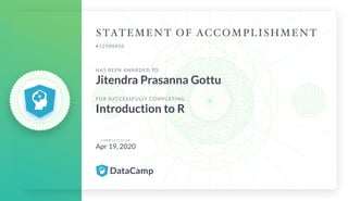 #12980450
HAS BEEN AWARDED TO
Jitendra Prasanna Gottu
FOR SUCCESSFULLY COMPLETING
Introduction to R
C O M P L E T E D O N
Apr 19, 2020
 
