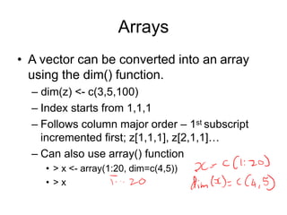 Arrays
• A vector can be converted into an array
using the dim() function.
– dim(z) <- c(3,5,100)
– Index starts from 1,1,1
– Follows column major order – 1st subscript
incremented first; z[1,1,1], z[2,1,1]…
– Can also use array() function
• > x <- array(1:20, dim=c(4,5))
• > x
 