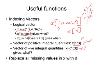 Useful functions
• Indexing Vectors
– Logical vector
• x <- c(1,2,4,NA,5)
• x[!is.na(x)] gives what?
• x[(!is.na(x)) & x > 2] gives what?
– Vector of positive integral quantities: x[1:3]
– Vector of –ve integral quantities: x[-(1:3)]
gives what?
• Replace all missing values in x with 0
 