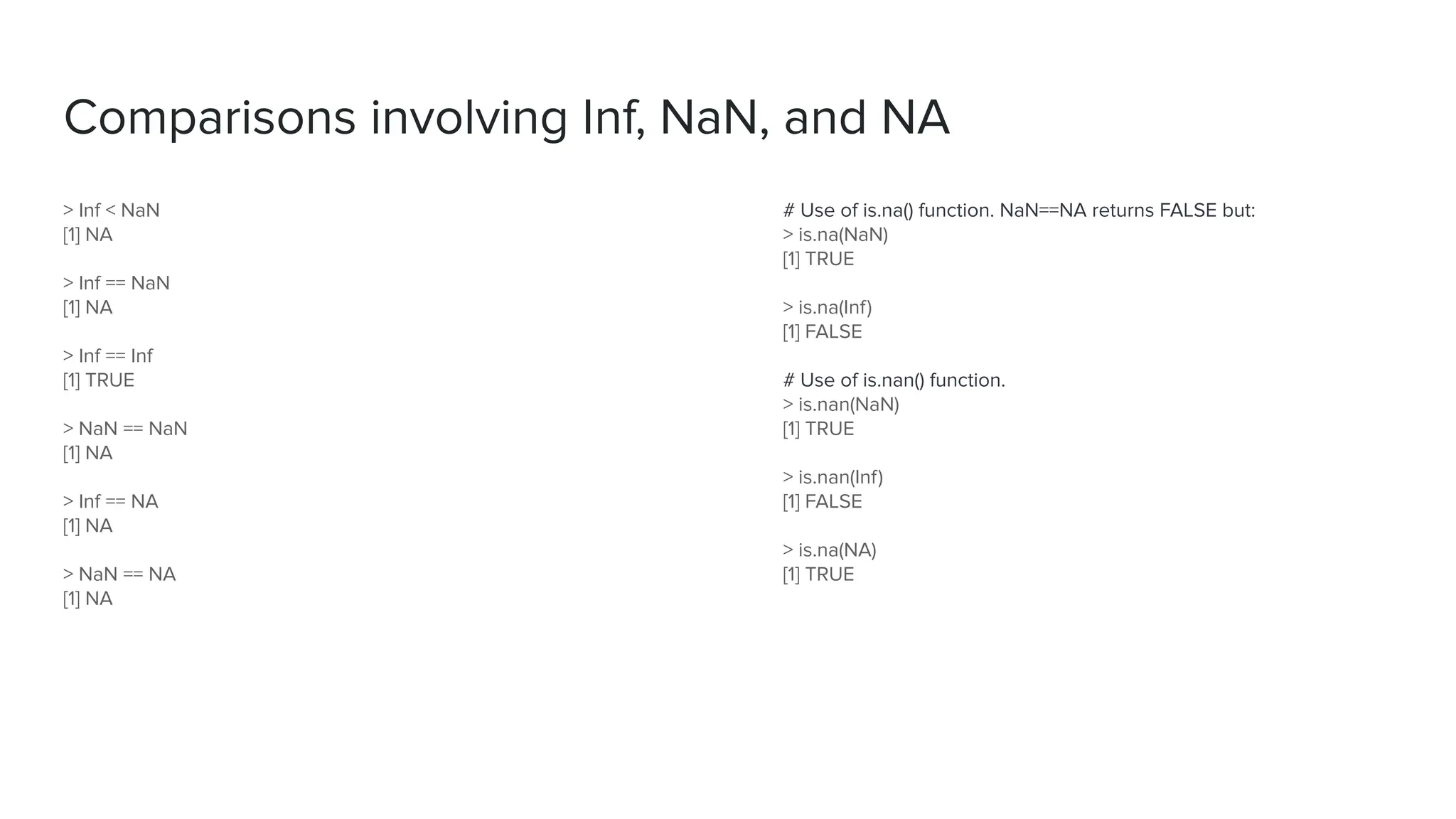 Comparisons involving Inf, NaN, and NA
# Use of is.na() function. NaN==NA returns FALSE but:
> is.na(NaN)
[1] TRUE
> is.na(Inf)
[1] FALSE
# Use of is.nan() function.
> is.nan(NaN)
[1] TRUE
> is.nan(Inf)
[1] FALSE
> is.na(NA)
[1] TRUE
> Inf < NaN
[1] NA
> Inf == NaN
[1] NA
> Inf == Inf
[1] TRUE
> NaN == NaN
[1] NA
> Inf == NA
[1] NA
> NaN == NA
[1] NA
 