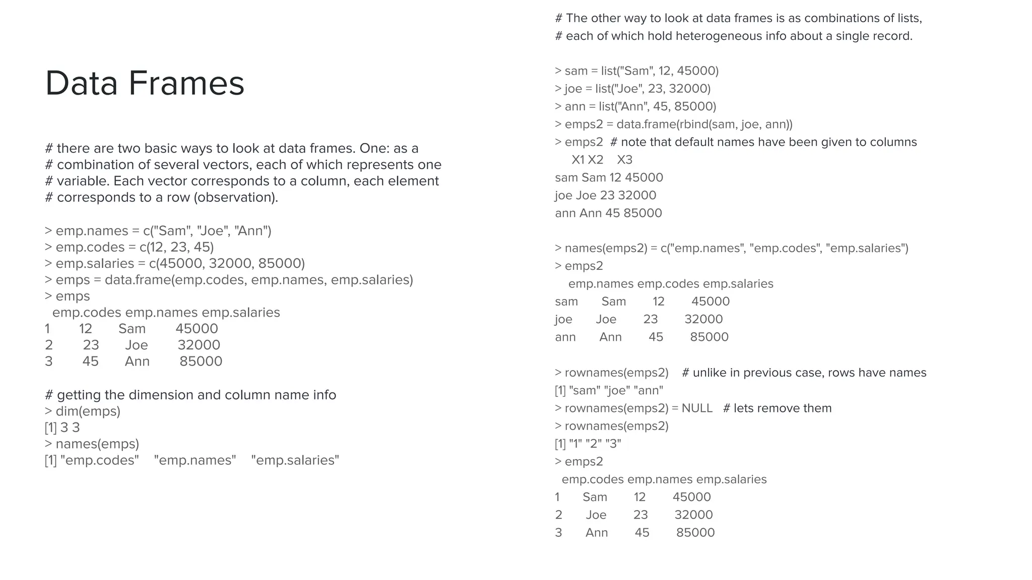 Data Frames
# there are two basic ways to look at data frames. One: as a
# combination of several vectors, each of which represents one
# variable. Each vector corresponds to a column, each element
# corresponds to a row (observation).
> emp.names = c("Sam", "Joe", "Ann")
> emp.codes = c(12, 23, 45)
> emp.salaries = c(45000, 32000, 85000)
> emps = data.frame(emp.codes, emp.names, emp.salaries)
> emps
emp.codes emp.names emp.salaries
1 12 Sam 45000
2 23 Joe 32000
3 45 Ann 85000
# getting the dimension and column name info
> dim(emps)
[1] 3 3
> names(emps)
[1] "emp.codes" "emp.names" "emp.salaries"
# The other way to look at data frames is as combinations of lists,
# each of which hold heterogeneous info about a single record.
> sam = list("Sam", 12, 45000)
> joe = list("Joe", 23, 32000)
> ann = list("Ann", 45, 85000)
> emps2 = data.frame(rbind(sam, joe, ann))
> emps2 # note that default names have been given to columns
X1 X2 X3
sam Sam 12 45000
joe Joe 23 32000
ann Ann 45 85000
> names(emps2) = c("emp.names", "emp.codes", "emp.salaries")
> emps2
emp.names emp.codes emp.salaries
sam Sam 12 45000
joe Joe 23 32000
ann Ann 45 85000
> rownames(emps2) # unlike in previous case, rows have names
[1] "sam" "joe" "ann"
> rownames(emps2) = NULL # lets remove them
> rownames(emps2)
[1] "1" "2" "3"
> emps2
emp.codes emp.names emp.salaries
1 Sam 12 45000
2 Joe 23 32000
3 Ann 45 85000
 