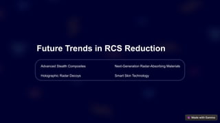 Future Trends in RCS Reduction
Advanced Stealth Composites Next-Generation Radar-Absorbing Materials
Holographic Radar Decoys Smart Skin Technology
 