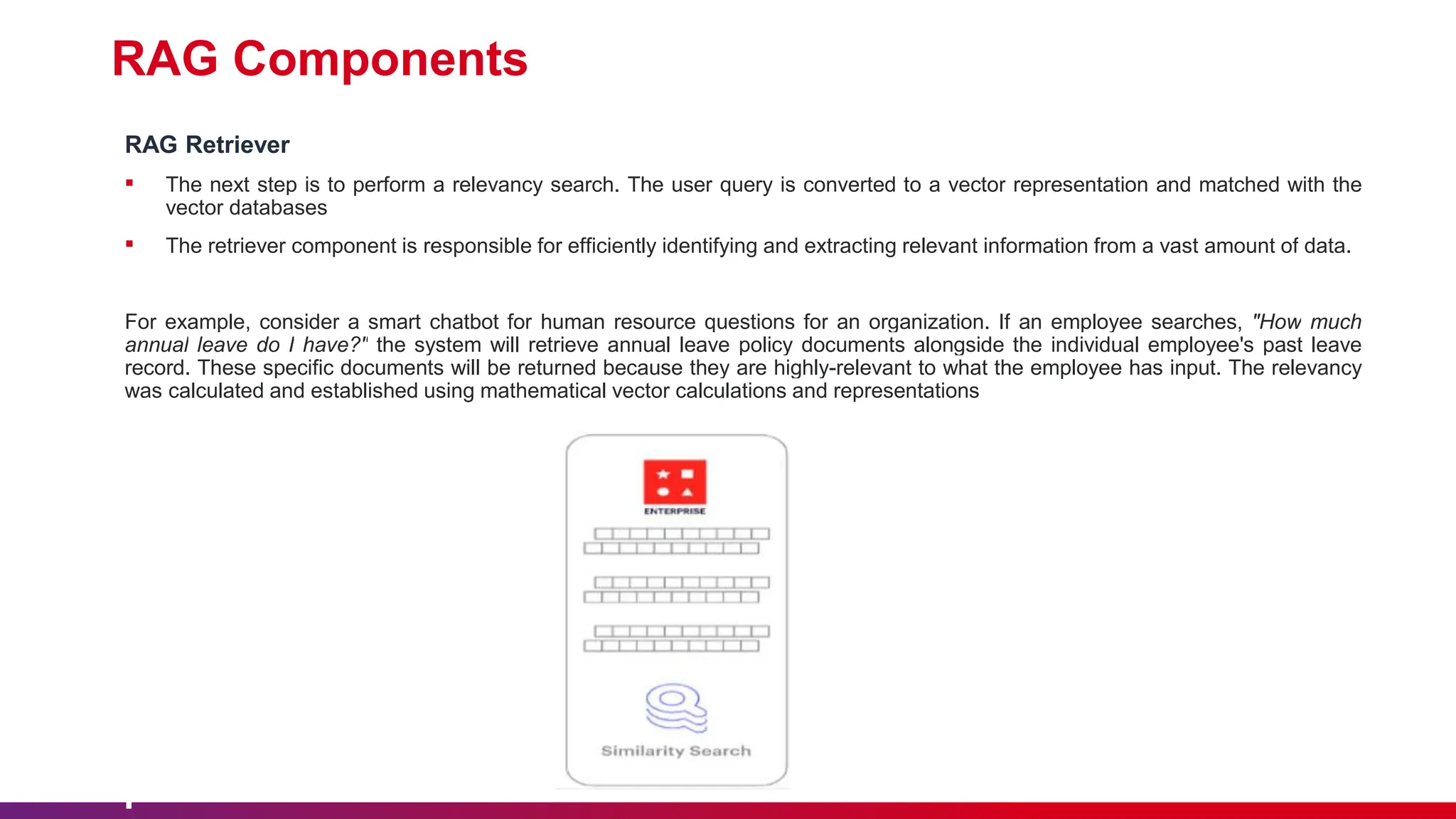 RAG Components
RAG Retriever
▪ The next step is to perform a relevancy search. The user query is converted to a vector representation and matched with the
vector databases
▪ The retriever component is responsible for efficiently identifying and extracting relevant information from a vast amount of data.
For example, consider a smart chatbot for human resource questions for an organization. If an employee searches, "How much
annual leave do I have?" the system will retrieve annual leave policy documents alongside the individual employee's past leave
record. These specific documents will be returned because they are highly-relevant to what the employee has input. The relevancy
was calculated and established using mathematical vector calculations and representations
 