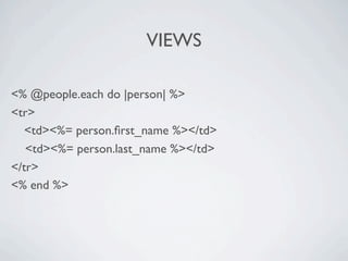 VIEWS

<% @people.each do |person| %>
<tr>

 <td><%= person.ﬁrst_name %></td>
   <td><%= person.last_name %></td>
</tr>
<% end %>
 