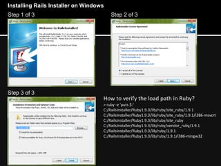 Step 1 of 3 Step 2 of 3
Step 3 of 3
How to verify the load path in Ruby?
> ruby -e 'puts $:'
C:/RailsInstaller/Ruby1.9.3/lib/ruby/site_ruby/1.9.1
C:/RailsInstaller/Ruby1.9.3/lib/ruby/site_ruby/1.9.1/i386-msvcrt
C:/RailsInstaller/Ruby1.9.3/lib/ruby/site_ruby
C:/RailsInstaller/Ruby1.9.3/lib/ruby/vendor_ruby/1.9.1
C:/RailsInstaller/Ruby1.9.3/lib/ruby/1.9.1
C:/RailsInstaller/Ruby1.9.3/lib/ruby/1.9.1/i386-mingw32
Installing Rails Installer on Windows
 