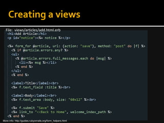 Creating a views
File: views/articles/add.html.erb
More info: http://guides.rubyonrails.org/form_helpers.html
 