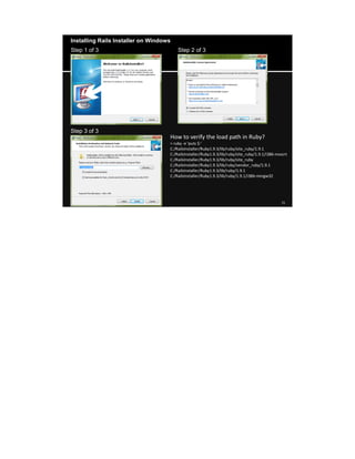 8/8/14 13
Step 1 of 3 Step 2 of 3
Step 3 of 3
How to verify the load path in Ruby?
> ruby -e 'puts $:'
C:/RailsInstaller/Ruby1.9.3/lib/ruby/site_ruby/1.9.1
C:/RailsInstaller/Ruby1.9.3/lib/ruby/site_ruby/1.9.1/i386-msvcrt
C:/RailsInstaller/Ruby1.9.3/lib/ruby/site_ruby
C:/RailsInstaller/Ruby1.9.3/lib/ruby/vendor_ruby/1.9.1
C:/RailsInstaller/Ruby1.9.3/lib/ruby/1.9.1
C:/RailsInstaller/Ruby1.9.3/lib/ruby/1.9.1/i386-mingw32
Installing Rails Installer on Windows
 