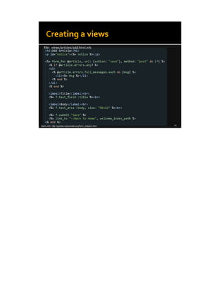 8/8/14 24
Creating a views
File: views/articles/add.html.erb
More info: http://guides.rubyonrails.org/form_helpers.html
 