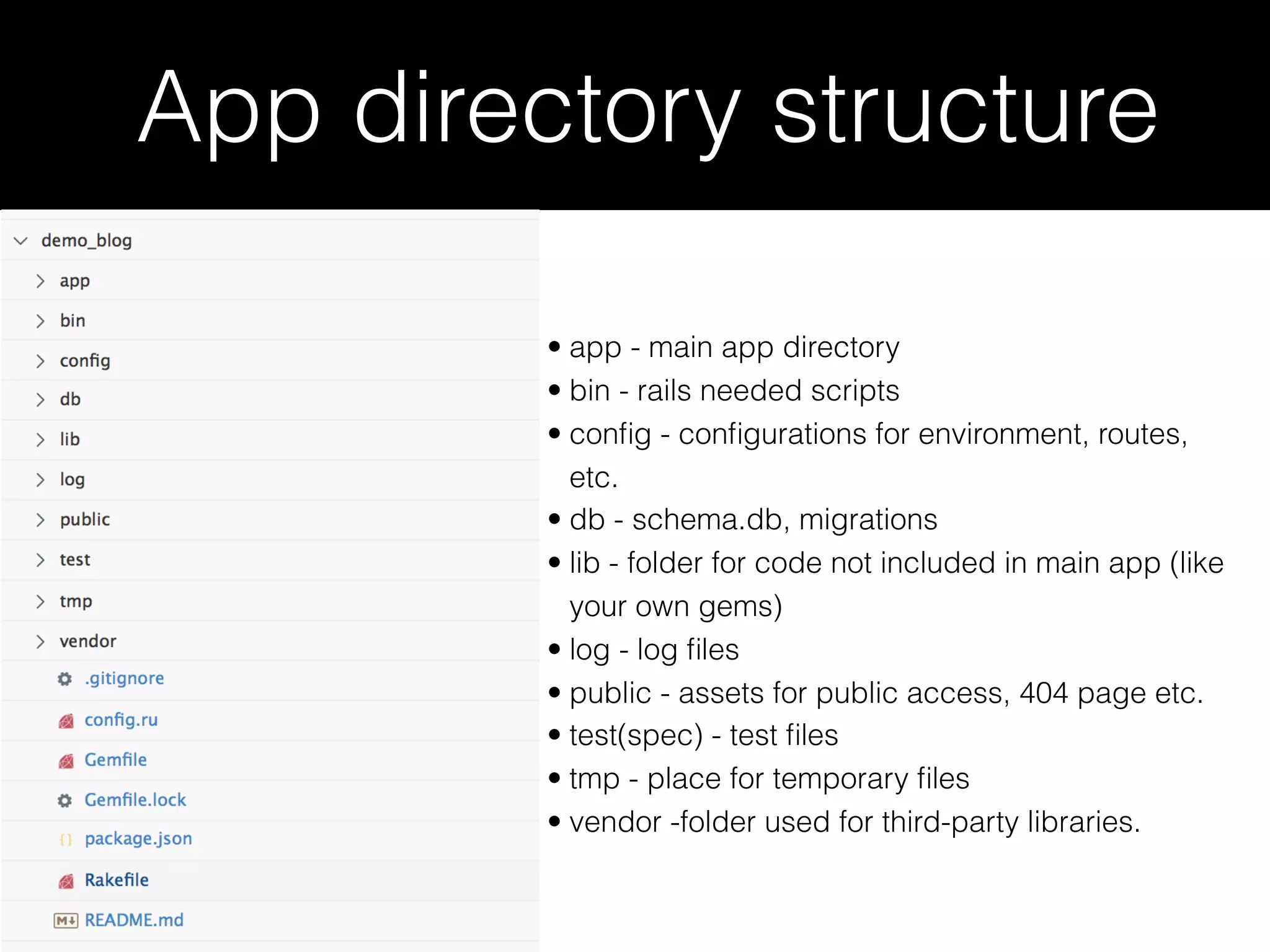 App directory structure • app - main app directory • bin - rails needed scripts • conﬁg - conﬁgurations for environment, routes, etc. • db - schema.db, migrations • lib - folder for code not included in main app (like your own gems) • log - log ﬁles • public - assets for public access, 404 page etc. • test(spec) - test ﬁles • tmp - place for temporary ﬁles • vendor -folder used for third-party libraries. 