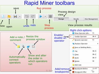 Rapid Miner toolbars
Run process
Stop
process
Automatically
connect
operators
undo redo
save
new open
Add/remove
breakpoints
Show and alter
the order in
which operators
run
Resize the
process window
Process design
view
View process results
Add a note /
comment
Enable/
disable an
operator
Right	click	op9ons:	
G. Gray 10
 