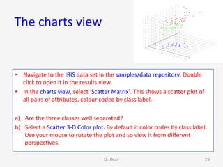 The	charts	view	
•  Navigate	to	the	IRIS	data	set	in	the	samples/data	repository.	Double	
click	to	open	it	in	the	results	view.	
•  In	the	charts	view,	select	‘ScaUer	Matrix’.	This	shows	a	scaUer	plot	of	
all	pairs	of	aUributes,	colour	coded	by	class	label.	
a)  Are	the	three	classes	well	separated?	
b)  Select	a	ScaUer	3-D	Color	plot.	By	default	it	color	codes	by	class	label.	
Use	your	mouse	to	rotate	the	plot	and	so	view	it	from	diﬀerent	
perspec9ves.	
G. Gray 29
 