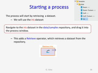 Star9ng	a	process	
The	process	will	start	by	retrieving		a	dataset.	
–  We	will	use	the	iris	dataset	
Navigate	to	the	iris	dataset	in	the	data/samples	repository,	and	drag	it	into	
the	process	window.	
–  This	adds	a	Retrieve	operator,	which	retrieves	a	dataset	from	the	
repository.	
G. Gray 36
 