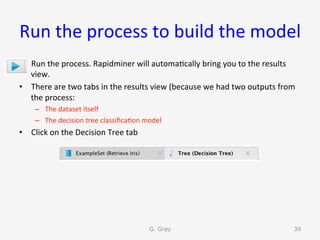 Run	the	process	to	build	the	model	
•  Run	the	process.	Rapidminer	will	automa9cally	bring	you	to	the	results	
view.	
•  There	are	two	tabs	in	the	results	view	(because	we	had	two	outputs	from	
the	process:	
–  The	dataset	itself	
–  The	decision	tree	classiﬁca9on	model	
•  Click	on	the	Decision	Tree	tab	
G. Gray 39
 