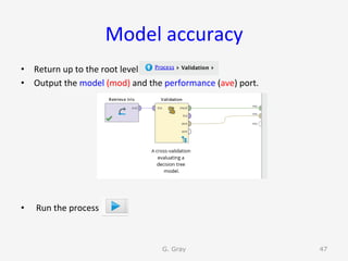 Model	accuracy	
•  Return	up	to	the	root	level.	
•  Output	the	model	(mod)	and	the	performance	(ave)	port.	
•  	Run	the	process	
G. Gray 47
 