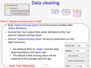 Data	cleaning	
Step	2:		Replace	missing	values	in	AGE	
–  Drag	‘replace	missing	values’	on	to	the	process	window	aner	
‘Select	AUributes’.	
–  Connect	the	‘exa’	output	from	select	aUributes	to	the	‘exa’		
input	of	‘replace	missing	values’	
–  Click	on	‘replace	missing	values’	to	view	its	parameters	on	the	
right	hand	pane.		
G. Gray 53
•  Set	aUribute	ﬁlter	to	‘single’;	click	the	drop	
down	box	below,	and	select	‘age’	
•  The	default	is	that	missing	values	will	be	
replaced	by	the	average	value	for	age	
RUN THE PROCESS
 