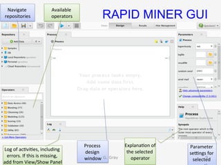 RAPID MINER GUI
Process	
design	
window	
Parameter	
seangs	for	
selected	
Log	of	ac9vi9es,	including	
errors.	If	this	is	missing,	
add	from	View/Show	Panel	
Available	
operators	
Explana9on	of	
the	selected	
operator	
Navigate	
repositories	
G. Gray 9
 