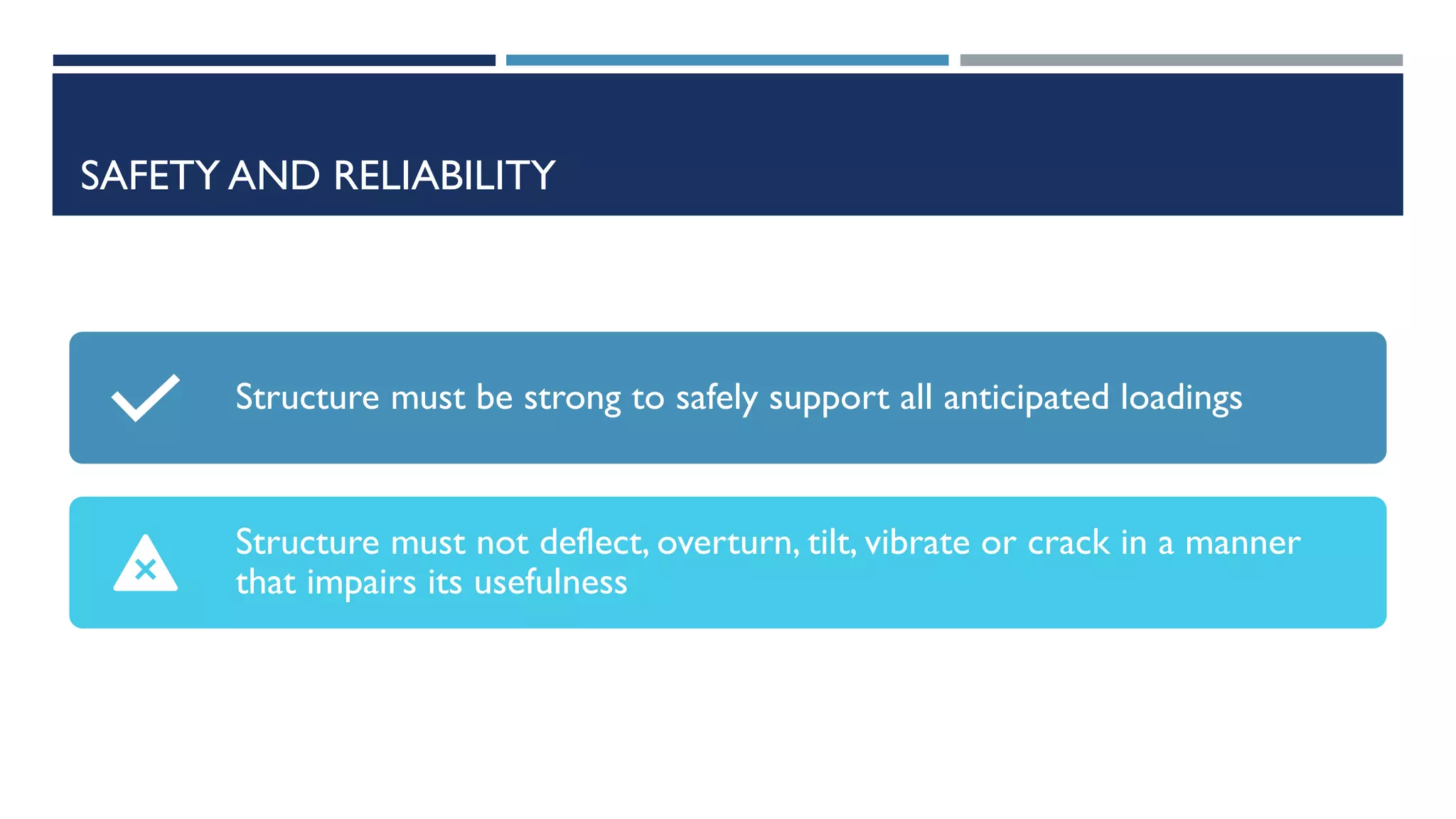 SAFETY AND RELIABILITY
Structure must be strong to safely support all anticipated loadings
Structure must not deflect, overturn, tilt, vibrate or crack in a manner
that impairs its usefulness
 