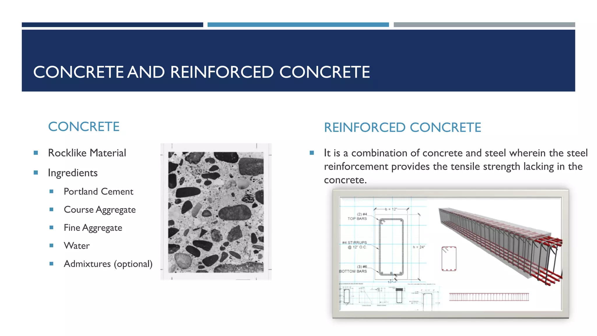 CONCRETE AND REINFORCED CONCRETE
CONCRETE
 Rocklike Material
 Ingredients
 Portland Cement
 Course Aggregate
 Fine Aggregate
 Water
 Admixtures (optional)
REINFORCED CONCRETE
 It is a combination of concrete and steel wherein the steel
reinforcement provides the tensile strength lacking in the
concrete.
 