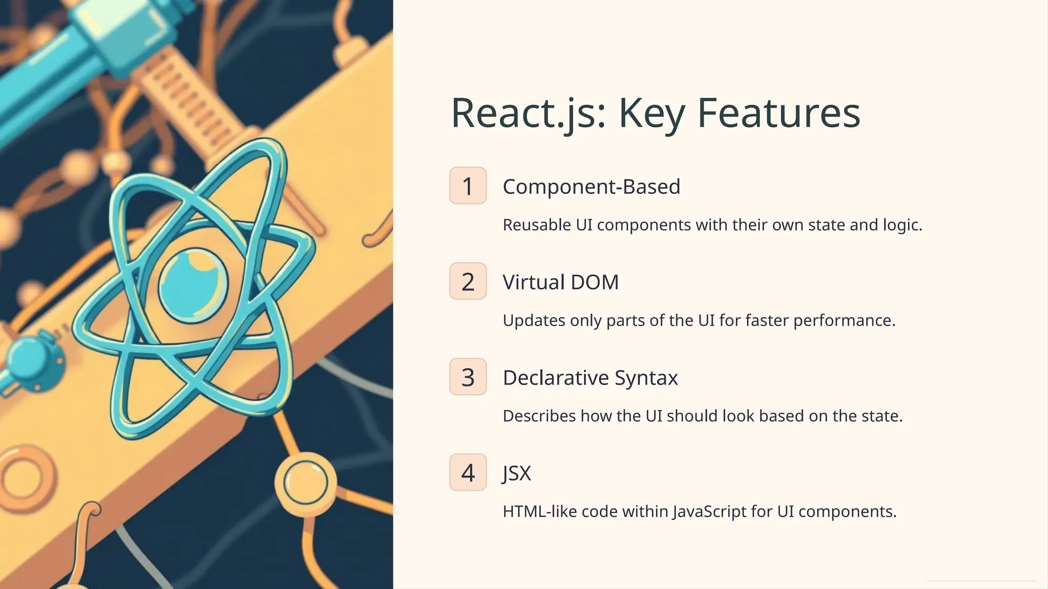 React.js: Key Features
1 Component-Based
Reusable UI components with their own state and logic.
2 Virtual DOM
Updates only parts of the UI for faster performance.
3 Declarative Syntax
Describes how the UI should look based on the state.
4 JSX
HTML-like code within JavaScript for UI components.
 