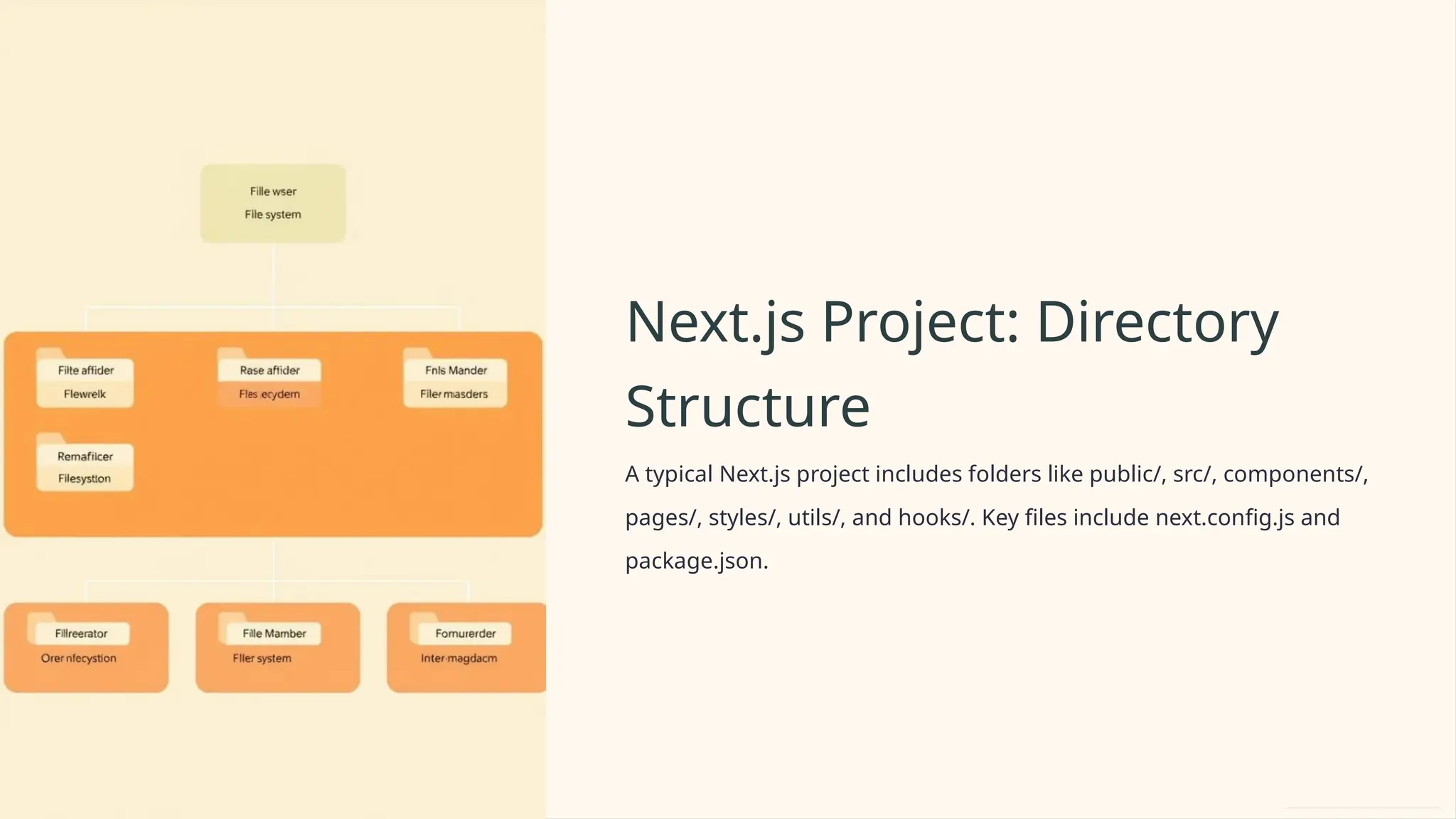Next.js Project: Directory
Structure
A typical Next.js project includes folders like public/, src/, components/,
pages/, styles/, utils/, and hooks/. Key files include next.config.js and
package.json.
 