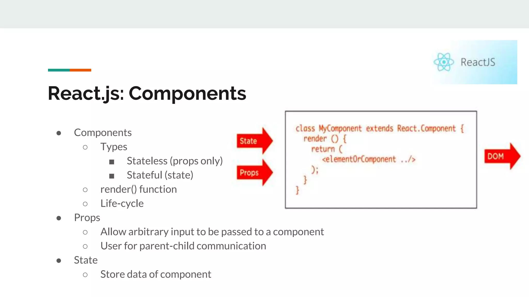 React.js: Components ● Components ○ Types ■ Stateless (props only) ■ Stateful (state) ○ render() function ○ Life-cycle ● Props ○ Allow arbitrary input to be passed to a component ○ User for parent-child communication ● State ○ Store data of component 