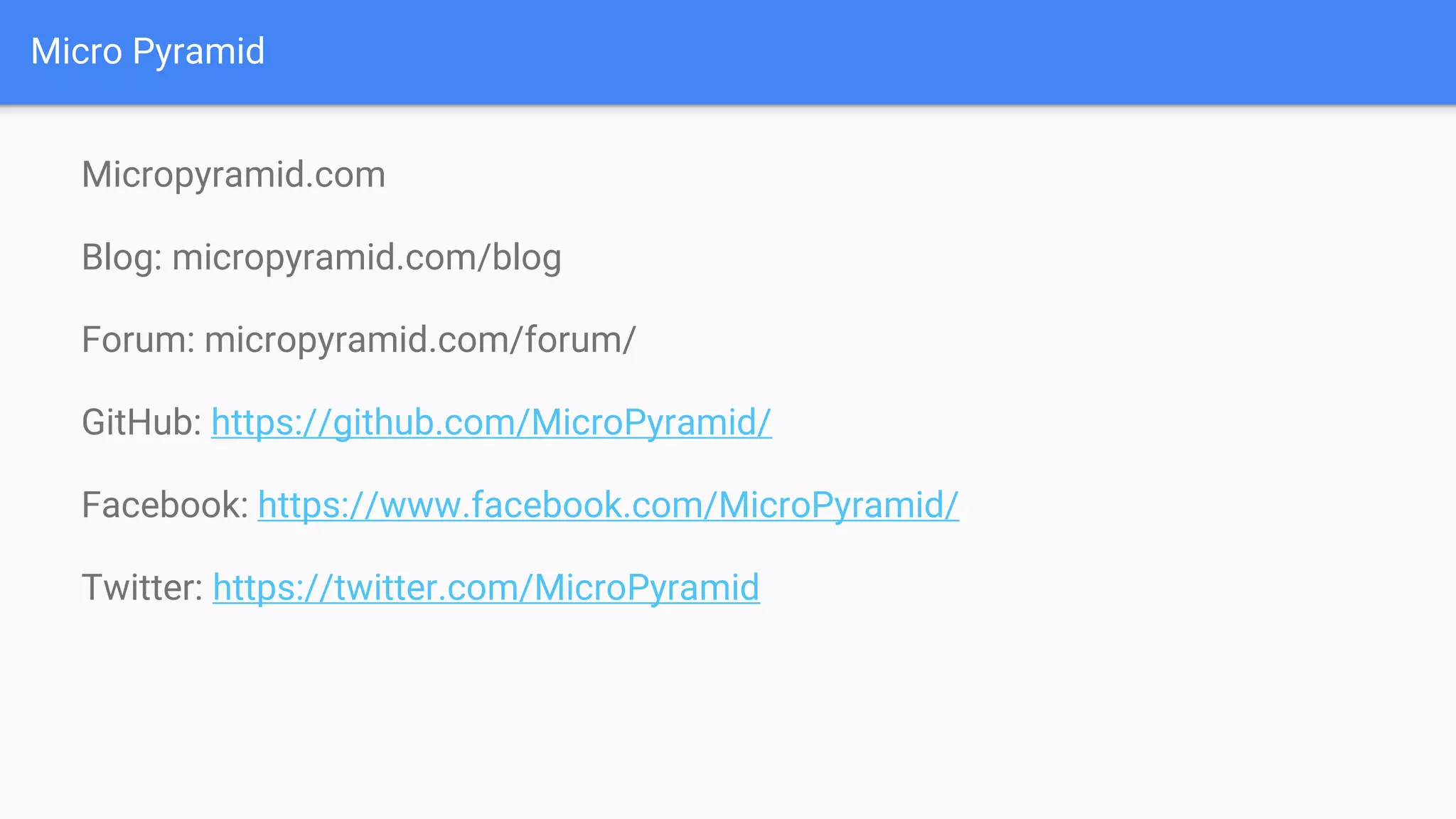 Micro Pyramid
Micropyramid.com
Blog: micropyramid.com/blog
Forum: micropyramid.com/forum/
GitHub: https://github.com/MicroPyramid/
Facebook: https://www.facebook.com/MicroPyramid/
Twitter: https://twitter.com/MicroPyramid