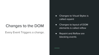 Changes to the DOM
Every Event Triggers a change.
● Changes to Visual Styles is
called repaint
● Changes to layout of DOM
elements is called reflow
● Repaint and Reflow are
blocking events
 