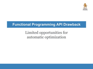 Limited opportunities for
automatic optimization
Functional Programming API Drawback
 