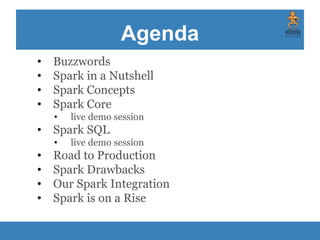 Agenda
• Buzzwords
• Spark in a Nutshell
• Spark Concepts
• Spark Core
• live demo session
• Spark SQL
• live demo session
• Road to Production
• Spark Drawbacks
• Our Spark Integration
• Spark is on a Rise
 