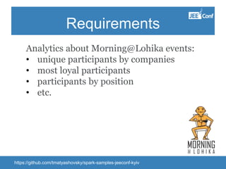 Requirements
Analytics about Morning@Lohika events:
• unique participants by companies
• most loyal participants
• participants by position
• etc.
https://github.com/tmatyashovsky/spark-samples-jeeconf-kyiv
 