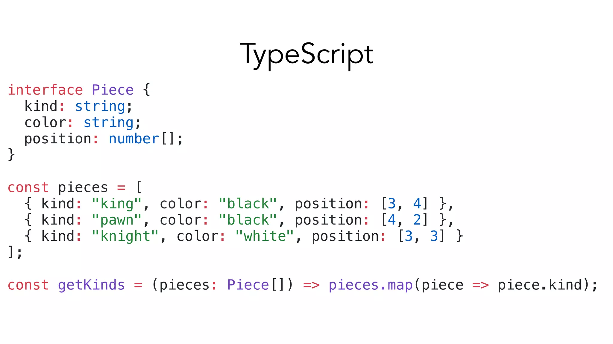 interface Piece {
kind: string;
color: string;
position: number[];
}
const pieces = [
{ kind: "king", color: "black", position: [3, 4] },
{ kind: "pawn", color: "black", position: [4, 2] },
{ kind: "knight", color: "white", position: [3, 3] }
];
const getKinds = (pieces: Piece[]) => pieces.map(piece => piece.kind);
TypeScript
 