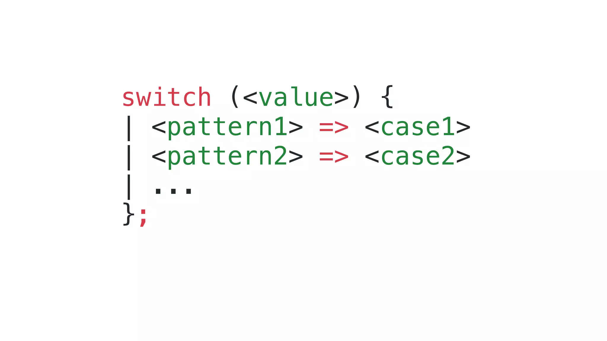 switch (<value>) {
| <pattern1> => <case1>
| <pattern2> => <case2>
| ...
};
 